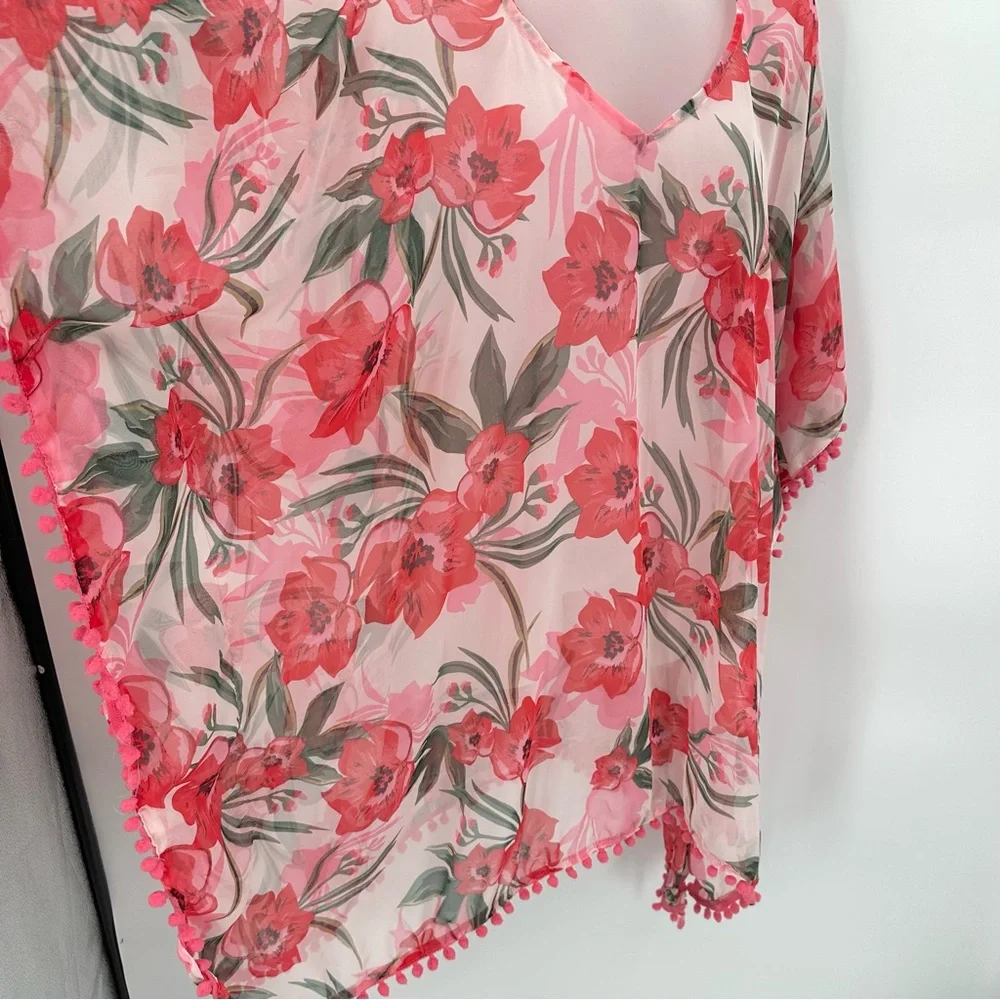 Shore Drive Caftan Swim Cover Pompom Pullover Pink Floral Semisheer Vneck New